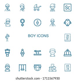 Editable 22 boy icons for web and mobile. Set of boy included icons line Man, Girl, Stroller, Boy, Scout, Venus, Restroom, Father, Toilet, Katana, Boxer, Baby hat on white background