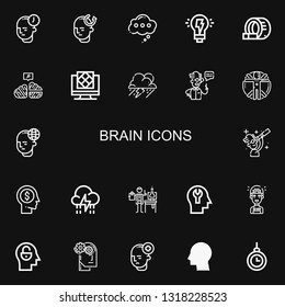 Editable 22 brain icons for web and mobile. Set of brain included icons line Mind, Thinking, Creativity, Tomography, Neural, Artificial intelligence, Storm on black background