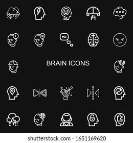 Editable 22 brain icons for web and mobile. Set of brain included icons line Storm, Mind, Head, Brainstorming, Thinking, Brain, Smart, Reflect, Scientist, Psychologist on black background