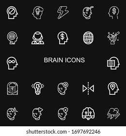 Editable 22 brain icons for web and mobile. Set of brain included icons line Mind, Imagination, Ray, Think, Head, Psychologist, Brain, Scientist, Intellectual on black background