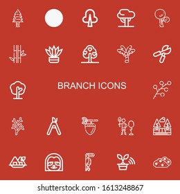 Editable 22 branch icons for web and mobile. Set of branch included icons line Pine tree, Leaves, Tree, Bamboo, Fern, Palm tree, Pruning shears, Branch, Coral on red background