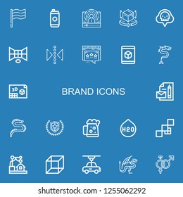 Editable 22 brand icons for web and mobile. Set of brand included icons line Germany, Energy drink, Influencer, d, Co, Reflect, Dragon, Branding, Emblem, Dark beer on blue background