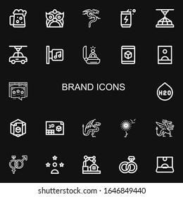 Editable 22 iconos de marca para web y móvil. Conjunto de marcas incluidas íconos línea Cerveza oscura, Dragón, bebida energética, d, Tienda de música, Compromiso, Influenciador, H o, Dandelion sobre fondo negro