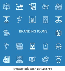 Editable 22 branding icons for web and mobile. Set of branding included icons line d, Field, Letter, Dragon, Graphic designer, Wireframe, H o, Branding on blue background