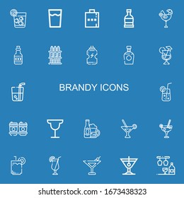 Editable 22 brandy icons for web and mobile. Set of brandy included icons line Vodka, Drink, Hip flask, Rum, Cocktail, Drinks, Brandy, Bar, Martini on blue background