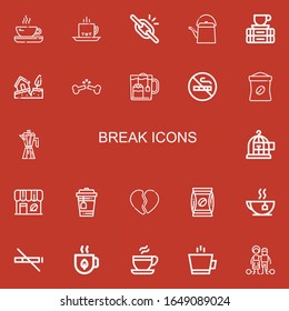 Editable 22 Break Icons For Web And Mobile. Set Of Break Included Icons Line Tea, Coffee, Broken Link, Teapot, Break, Earthquake, Broken Bone, No Smoking, Coffee Bag On Red Background