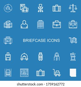 Editable 22 briefcase icons for web and mobile. Set of briefcase included icons line Briefcase, Office chair, Suitcase, Balance, Courthouse, Salesman, Office on blue background