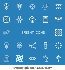 Editable 22 bright icons for web and mobile. Set of bright included icons line Idea, View, Buttons, Garlands, Spotlight, Dna, Match, Star, Palette, Light, Ladybug on blue background