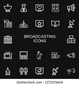 Editable 22 broadcasting icons for web and mobile. Set of broadcasting included icons line Satellite dish, News reporter, Television, Tower, Megaphone, Voice recorder on black background