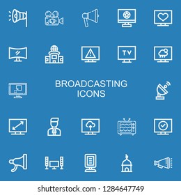 Editable 22 broadcasting icons for web and mobile. Set of broadcasting included icons line Megaphone, Live, Television, Tv, Satellite dish, News reporter, Announcer on blue background