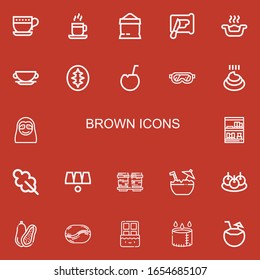 Editable 22 brown icons for web and mobile. Set of brown included icons line Cup, Coffee cup, Sugar, Spreading, Litter box, Sourdough, Coconut, Glasses, Poo on red background