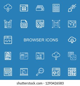 Editable 22 browser icons for web and mobile. Set of browser included icons line Download, Browser, Coding, Css, Upload, Ssl, Web page, Web site, Code, Search engine on blue background