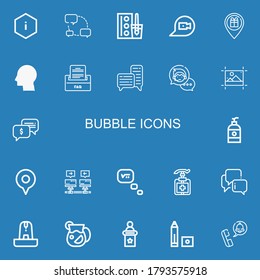 Editable 22 bubble icons for web and mobile. Set of bubble included icons line Information, Chat, Watercolor, Location, Think, Faq, Chat bubble, Editing, Soap on blue background