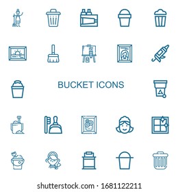 Editable 22 bucket icons for web and mobile. Set of bucket included icons line Maid, Trash, Paint, Sand bucket, Popcorn, Painting, Broom, Caulk gun, on white background
