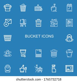 Editable 22 bucket icons for web and mobile. Set of bucket included icons line Bucket, Trash can, Sauna, Sand Ice Delete, Painting, Trash, Cleaning on blue background