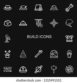 Editable 22 build icons for web and mobile. Set of build included icons line Hat, Wrench, Maintenance, Cross wrench, Helmet, Hammer, Bricks, Roller, Setup on black background