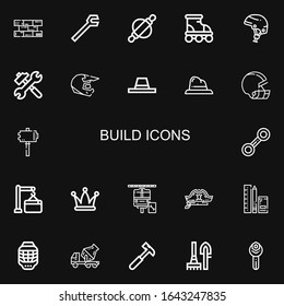 Editable 22 build icons for web and mobile. Set of build included icons line Bricks, Wrench, Roller, Helmet, Tools, Hat, Hammer, Maintenance, Cement truck on black background