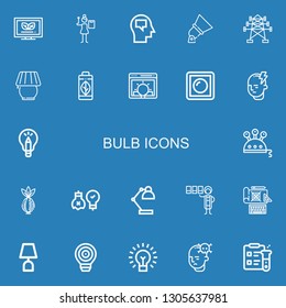Editable 22 bulb icons for web and mobile. Set of bulb included icons line Ecological, Graphic designer, Mind, Spotlight, Electric tower, Lamp, Green energy on blue background