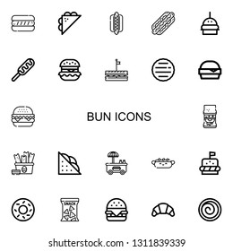 Editable 22 bun icons for web and mobile. Set of bun included icons line Hot dog, Sandwich, Hotdog, Burger, Hamburguer, Hamburger, Snack, Bagel, Croissant on white background