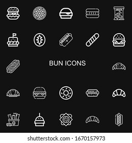 Editable 22 bun icons for web and mobile. Set of bun included icons line Hamburguer, Baozi, Hamburger, Hot dog, Snack, Burger, Sourdough, Baguette, Croissant on black background