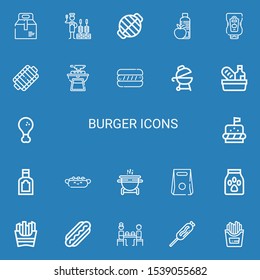 Editable 22 burger icons for web and mobile. Set of burger included icons line Take away, Churrasco, Grill, Food, Ketchup, Bbq, Hot dog, Fried chicken, Burger on blue background