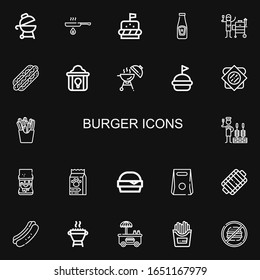 Editable 22 burger icons for web and mobile. Set of burger included icons line Grill, Fried, Burger, Ketchup, Hot dog, Fried chicken, Barbecue, Hamburguer on black background