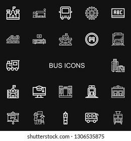 Editable 22 bus icons for web and mobile. Set of bus included icons line School, Bus stop, London eye, Blackboard, Train, Metro, Travel, Education, Lesson on black background