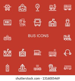 Editable 22 bus icons for web and mobile. Set of bus included icons line School bus, School, Airport, Train, Blackboard, Lesson, Hippie, Tram, stop on red background
