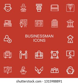 Editable 22 businessman icons for web and mobile. Set of businessman included icons line Avatar, Bust, Presentation, Whiteboard, Tuxedo, Desk, Profile, Office on red background