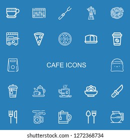 Editable 22 cafe icons for web and mobile. Set of cafe included icons line Cup, Mixer, Fork, Coffee maker, Pizza, Ice cream cart, Pizza slice, Sponge cake, Coffee on blue background