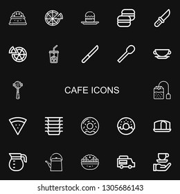 Editable 22 cafe icons for web and mobile. Set of cafe included icons line Plate, Pizza, Profiterole, Macaron, Knife, Ice coffee, Spoon, Cup, Espresso, Tea bag on black background