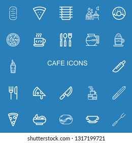 Editable 22 cafe icons for web and mobile. Set of cafe included icons line Baguettes, Pizza, Plates, Terrace, Donut, Coffee cup, Cutlery, Coffee maker, Cappuccino on blue background