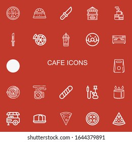 Editable 22 iconos de cafés para web y móvil. Conjunto de cafés incluidos íconos línea Pizza, Plate, Knife, puesto de comida, café, café helado, donut, cafetera, quitate sobre fondo rojo