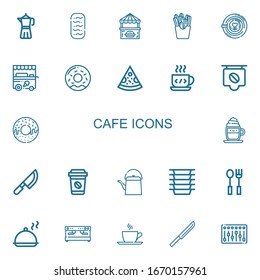 Editable 22 iconos de cafés para web y móvil. Conjunto de cafés incluidos íconos línea Cafetera, Baguettes, puesto de comida, papas fritas, latte, carrito de helados, Donut sobre fondo blanco