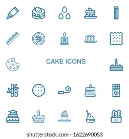 Editable 22 cake icons for web and mobile. Set of cake included icons line Candy, Pancake, Candies, Cake, Churros, Chocolate, Chinese food, Candle, Biscuit on white background