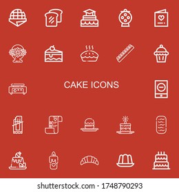 Editable 22 cake icons for web and mobile. Set of cake included icons line Stroopwafel, Bread, Cake, Candy, Invitation, Flower basket, Pie, Chocolate, Muffin on red background