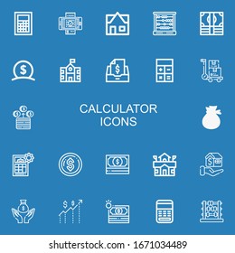 Editable 22 calculator icons for web and mobile. Set of calculator included icons line Calculator, Bill, Real estate, Abacus, Money, School, Taxes, Trolley on blue background