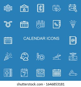 Bearbeitbare 22 Kalendersymbole für Web und Mobile. Set mit dem Kalender enthält Symbole Zeile Ui, Veranstaltung, Kontaktbuch, Zeitplan, Kalender, Stier, Agenda, Konfetti, Vollmond auf blauem Hintergrund
