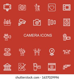 Editable 22 camera icons for web and mobile. Set of camera included icons line Selfie stick, Photography, Photographer, Badoo, Graphic tablet, Picnic, Cctv, Camera on red background