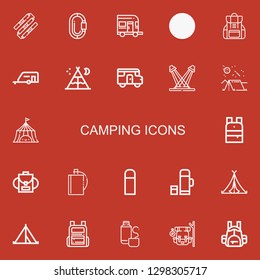 Editable 22 camping icons for web and mobile. Set of camping included icons line Nunchaku, Carabiner, Caravan, Tent, Backpack, Concert, Camping, Hip flask, Thermo on red background