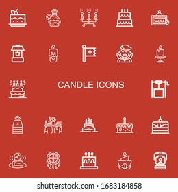 Editable 22 candle icons for web and mobile. Set of candle included icons line Cake, Elixir, Candles, Birthday cake, Sauna, Well, Candle, Christian, Dracula on red background