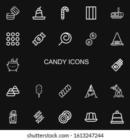 Editable 22 candy icons for web and mobile. Set of candy included icons line Macaron, Pudding, Candy cane, Chewing gum, Roll cake, Caramel, Lollipop on black background
