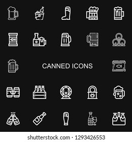 Editable 22 canned icons for web and mobile. Set of canned included icons line Beer, Canned food, Beers, Tinned food on black background
