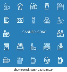 Editable 22 canned icons for web and mobile. Set of canned included icons line Beer, Sardines, Beers, Canned food on blue background