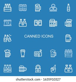 Editable 22 canned icons for web and mobile. Set of canned included icons line Beer, Beers, Canned food, Sardines, Tinned food on blue background