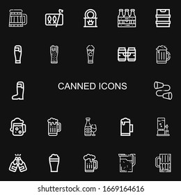 Editable 22 canned icons for web and mobile. Set of canned included icons line Beer, Sardines, Tinned food, Beers, Tin on black background
