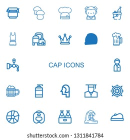 Editable 22 cap icons for web and mobile. Set of cap included icons line Jar, Mushroom, Chef, Student, Beer, Clothes, Hat, Helmet, Beer tap, Policeman, Shampoo on white background
