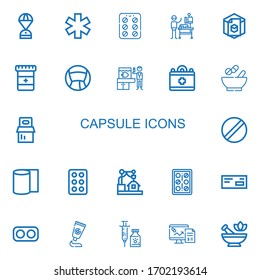 Editable 22 capsule icons for web and mobile. Set of capsule included icons line Space capsule, Medicine, Contraceptive pills, Veterinarian, d, Medical, Medicines on white background
