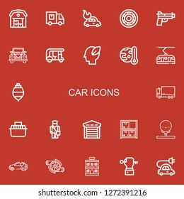 Editable 22 car icons for web and mobile. Set of car included icons line Warehouse, Delivery truck, Car, Wheel, Gun, Wedding car, Tuk tuk, Ecology, Global warming on red background