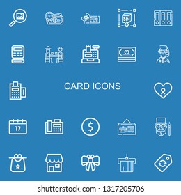 Editable 22 card icons for web and mobile. Set of card included icons line Picture, Money, Voucher, d, Archives, Cash register, Gamblers, Park ranger, Payment on blue background
